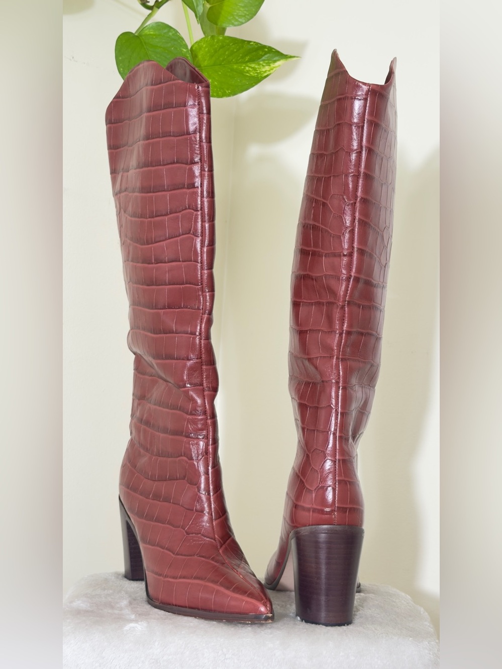 SCHUTZ Croc-Embossed Burgundy Over-the-Knee Boots